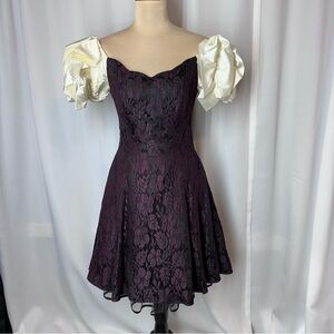 Vintage 80s Bari Jay Dress Sz 4 Puff Sleeve Lace Overlay Whimsigoth Goth Prom